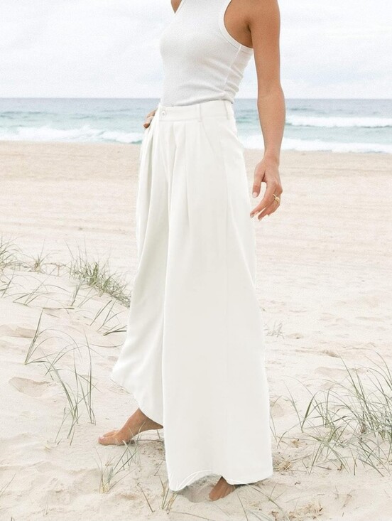 Pants - White Wide-Leg High-Waist Trousers Pleated Relaxed Fit Size 14 Womens Palazzo